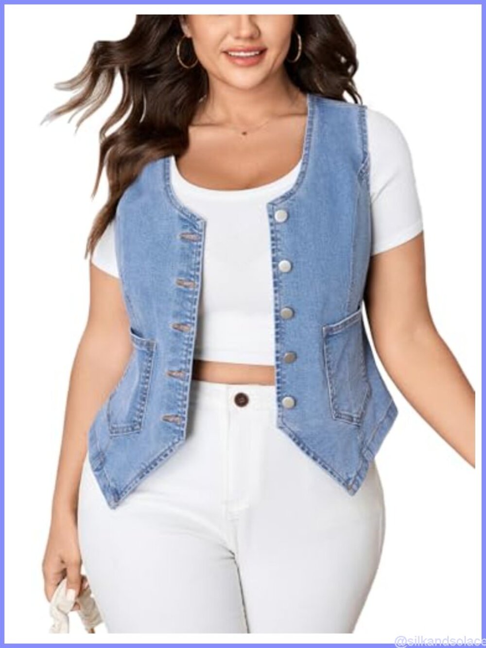 Plus Size Denim Vest Cropped Sleeveless Button Down V-Neck Waistcoat Womens